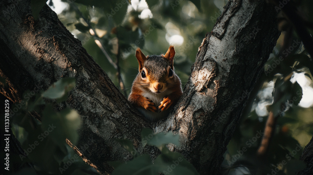 Poster brown squirrel perched on a tree branch with green foliage in a tranquil forest setting