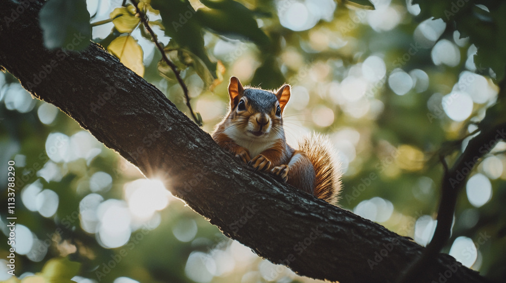 Poster squirrel resting on a branch with sunlight filtering through leaves in a forest