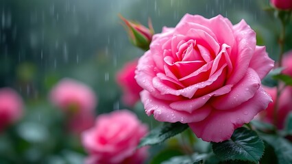 Obraz premium A vibrant rose bush captured in the rain, with raindrops enhancing the petals and leaves. Romantic, fresh, and beautifully detailed in a natural setting.