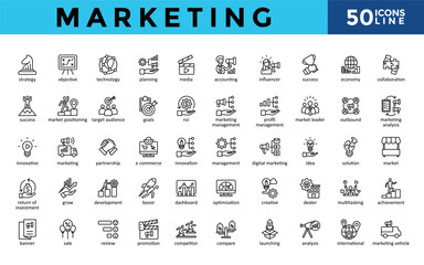 Fototapeta premium Marketing icons set with strategy, objective, technology, planning, media, accounting, influencer, success, economy, collaboration icon. Simple line vector 