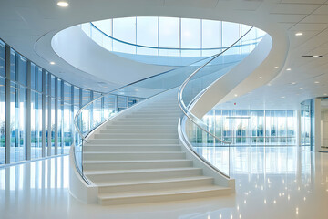 Obraz premium A modern, curved staircase in a bright, spacious interior with large windows.