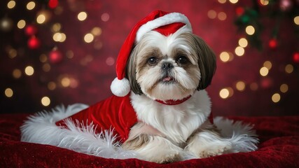 female shih tzu in a christmas costume with Christmas theme background