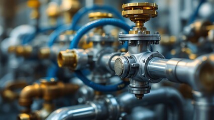 Close-up view of industrial pneumatic tools connected to a compressed air system, with hoses and valves visible. The setup showcases precision and technology in a manufacturing environment