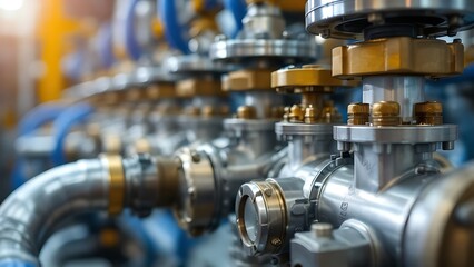 Close-up view of industrial pneumatic tools connected to a compressed air system, with hoses and valves visible. The setup showcases precision and technology in a manufacturing environment