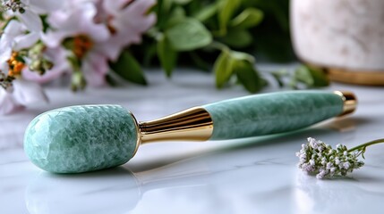 A jade facial roller resting on a marble surface, surrounded by greenery and a cream jar.
