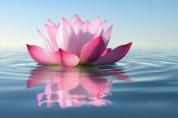 Delicate Pink Lotus Flower Reflecting in Tranquil Water Under Soft Blue Sky, Symbolizing Peace, Purity, and Serenity in Nature's Beauty