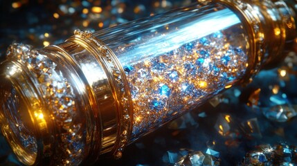 Ornate gold container filled with sparkling blue gems.