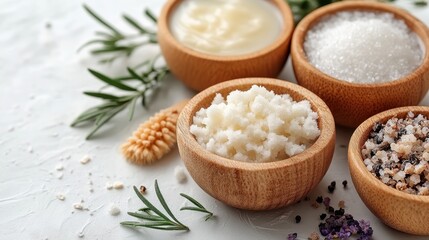 A collection of natural salts and creams in wooden bowls, surrounded by herbs.