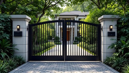 High dark grey home door aluminum gate gray slats portal garden of suburb house