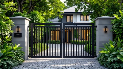 High dark grey home door aluminum gate gray slats portal garden of suburb house