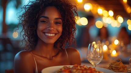 A smiling woman holds a plate of pizza in a warmly lit dining setting.