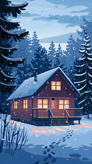 Naklejka premium A cozy wooden cabin in a snowy forest landscape, surrounded by tall trees and a cloudy sky.