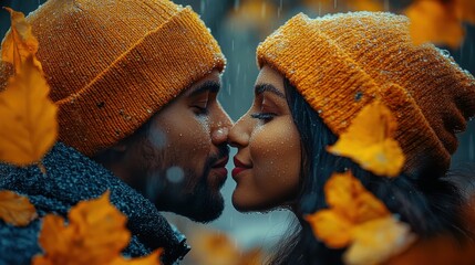 A romantic couple sharing a kiss amidst falling leaves on a rainy day.