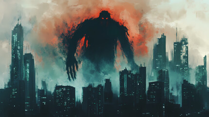 Obraz premium A powerful figure with a shadow in the shape of a monster looming over a city. Looming. Illustration
