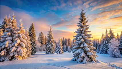 Obraz premium Winter landscape with snow-covered pine trees on a frosty evening, pine trees, snow, winter, panorama, cold, frost, nature