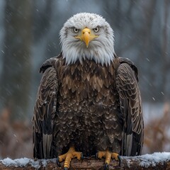 Obraz premium Majestic bald eagle perched on a branch in a snowy forest, staring intensely at the camera.