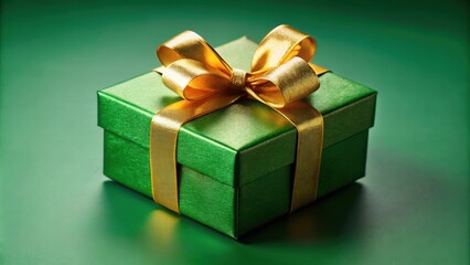 Obraz premium Green gift box with golden ribbon, perfect for holidays and special occasions, gift, present, box, wrapping, Christmas