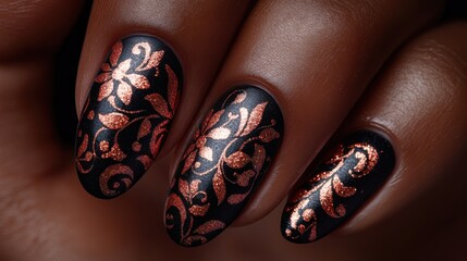 Elegant black and copper nail art featuring intricate floral designs.