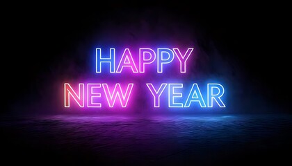A vibrant neon sign reads "Happy New Year," glowing in pink and blue against a dark background, celebrating the start of a new year.