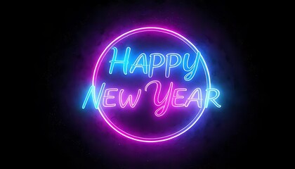 A vibrant neon sign displays the message "Happy New Year" in bright pink and blue against a dark background.