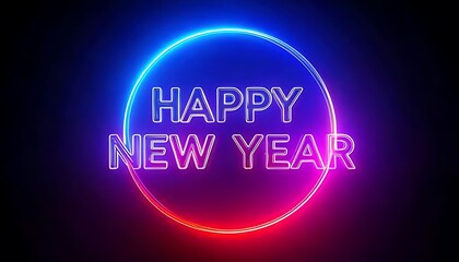 A vibrant neon design featuring the phrase "Happy New Year" in bold letters, surrounded by a glowing circular outline.