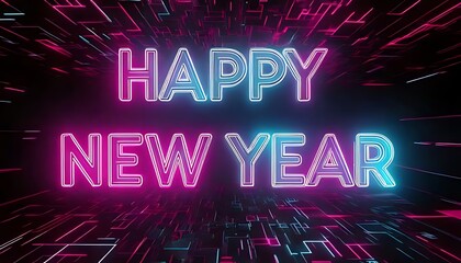 A vibrant neon display wishing a "Happy New Year" against a dynamic, colorful background, evoking celebration and excitement.
