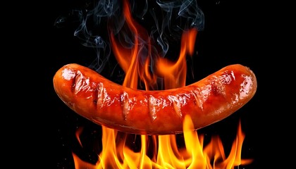 A grilled sausage surrounded by vibrant flames, creating a dynamic and appetizing visual against a dark background.