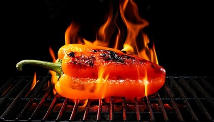 A vibrant red pepper grilling over flames, showcasing its charred skin on a black background, highlighting the art of cooking.