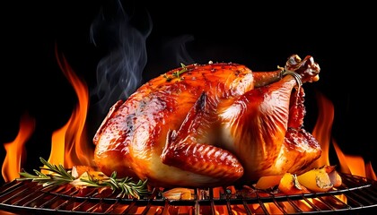 A beautifully roasted turkey on a grill, surrounded by flames and smoke, showcasing a deliciously golden-brown exterior and garnished with herbs.
