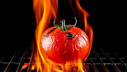A vibrant red tomato is engulfed in flames, showcasing the contrast between fresh produce and intense heat.