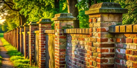 Stunning Brick Fence Concrete Posts Photography - Medium Shot, Rustic, Weathered Texture, Grey, Brown, Landscape