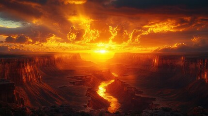 Fiery sunset over a vast canyon with a river winding through it.