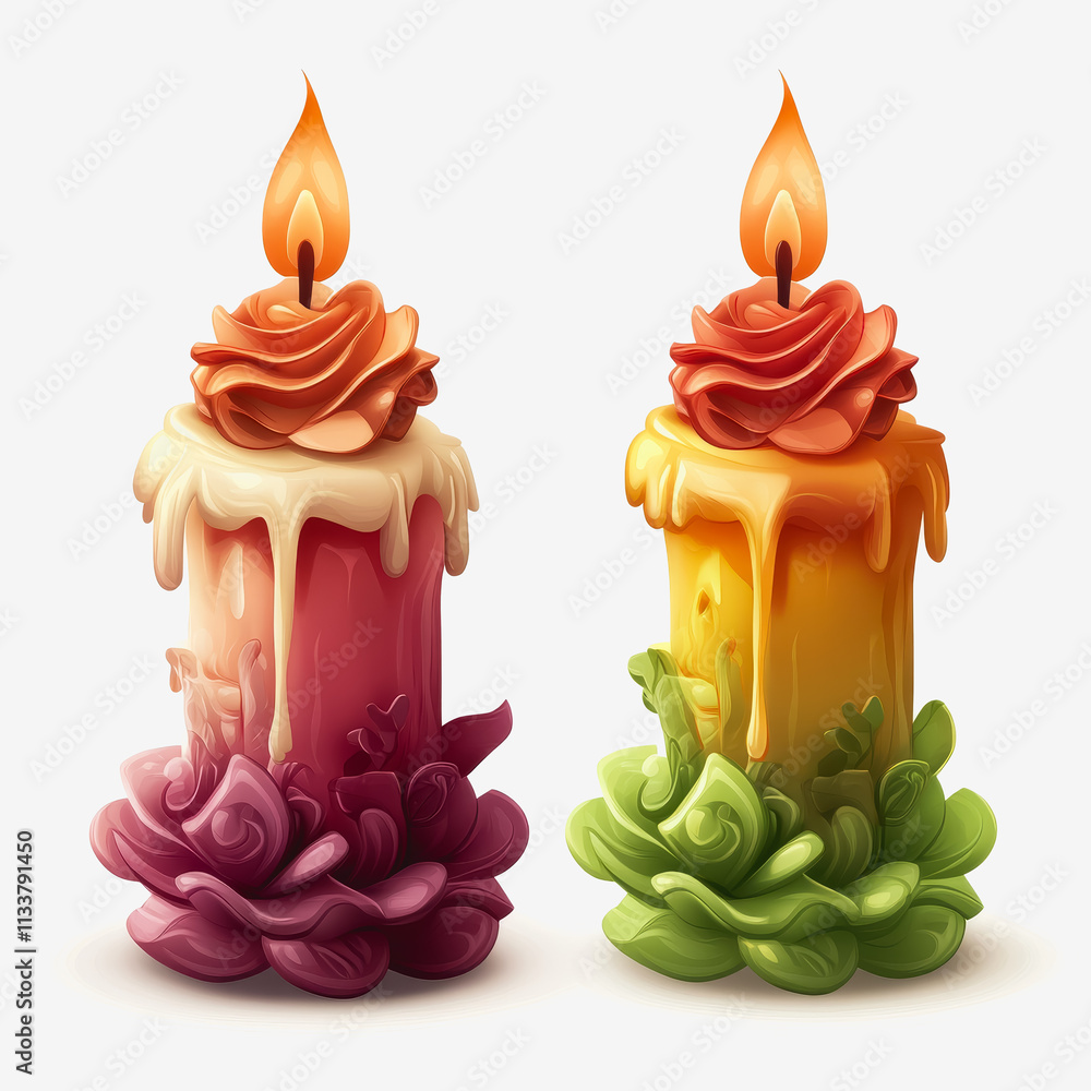Poster elegant display of two unique candles, one vibrant and colorful, the other softly pastel, each featu