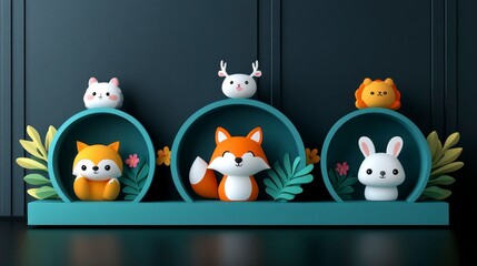 An adorable cartoon-style illustration of woodland animals including a fox rabbit and deer surrounded by colorful flowers and lush green foliage