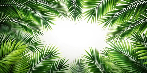Overlay frame of fresh green jungle palm leaves on background, jungle, palm leaves, green, overlay, frame, tropical