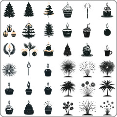 christmas icons set,  set of christmas icons, Christmas icons collection, black and white line art, vector illustration, festive holiday design. Christmas, New Year holidays big set icon