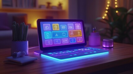 A realistic render of a smart home interface featuring a sleek touch screen with various control options set in a modern minimalist room