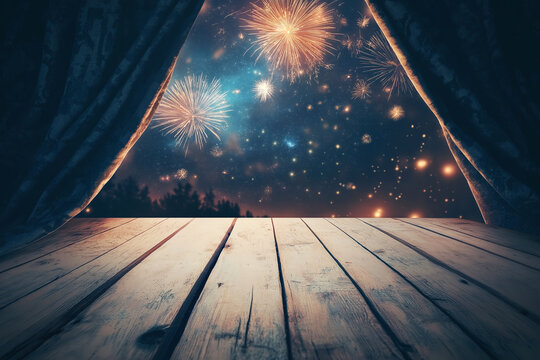 Rustic wooden table framed by blue curtains with vibrant fireworks lighting up the starry night sky. A festive and joyful backdrop for celebrations or holiday themes.