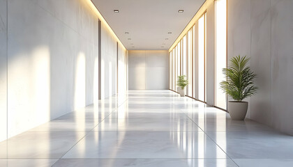 A modern, well-lit hallway with large windows and potted plants, showcasing minimalistic design.