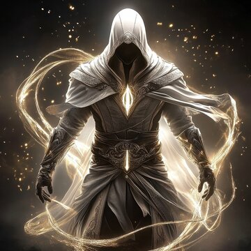 Mysterious figure in a white cloak, merging AI and sorcery.