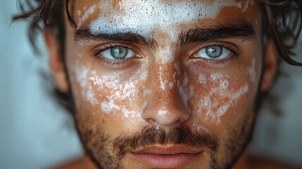 A close-up of a young man with a facial treatment, showcasing skin care routine.