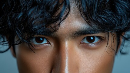 Close-up of a person's expressive eyes with curly hair, showcasing emotion and detail.