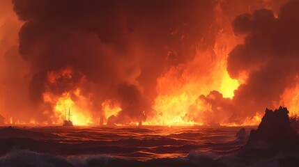 Fiery Inferno Engulfs Ships Sailing A Burning Sea