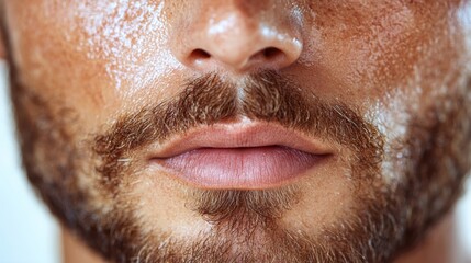 Close-up of a man's face highlighting skin texture and facial hair.