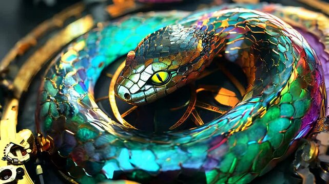 A dynamic view of a snake coiling around a colorful zodiac wheel, emphasizing the significance of the Year of the Snake