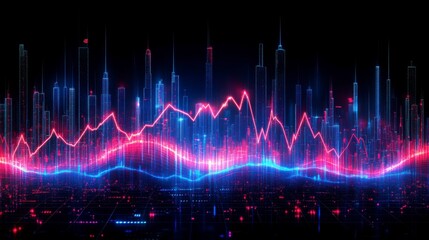 Blue background featuring an abstract financial graph with a bold uptrend line and arrows symbolizing stock market growth and business advancement in a modern style