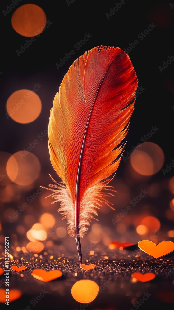 Poster elegant feather resting gracefully on a deep black background, enhanced by soft bokeh lights creatin