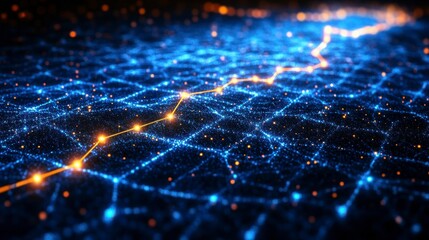 Glowing uptrend line on an abstract financial graph with arrows and data points set against a futuristic blue background ideal for stock market and finance visuals