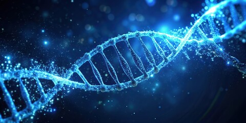 Blue DNA strand rotating with glowing particles, DNA, blue, strand, rotating, glowing, particles, science, technology, genetic