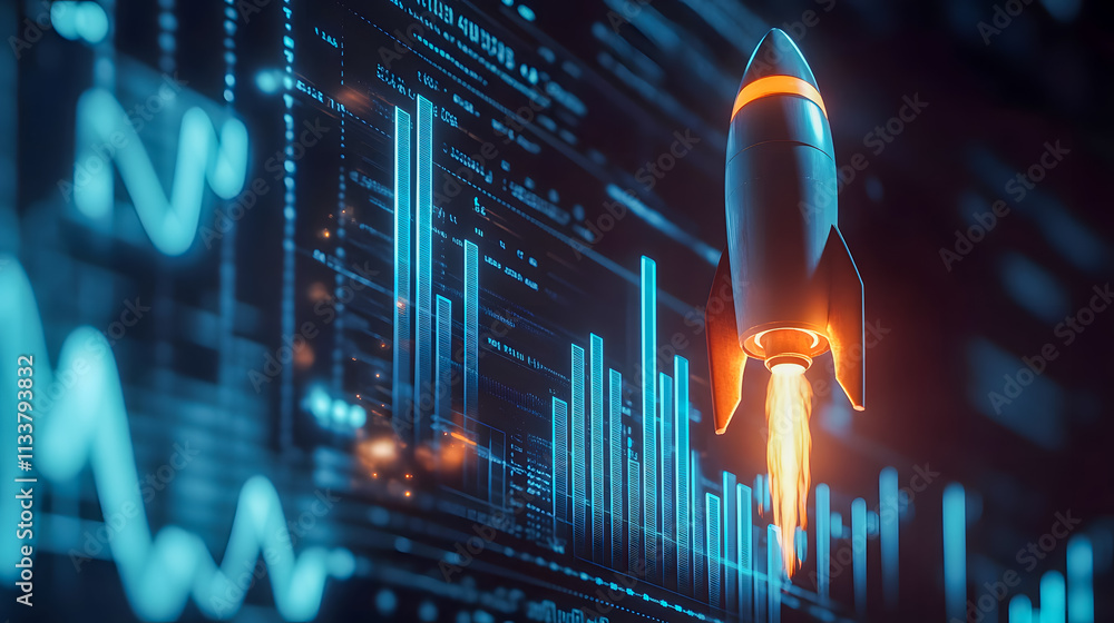 Poster futuristic rocket launching in front of digital financial data displaying success and growth in tech